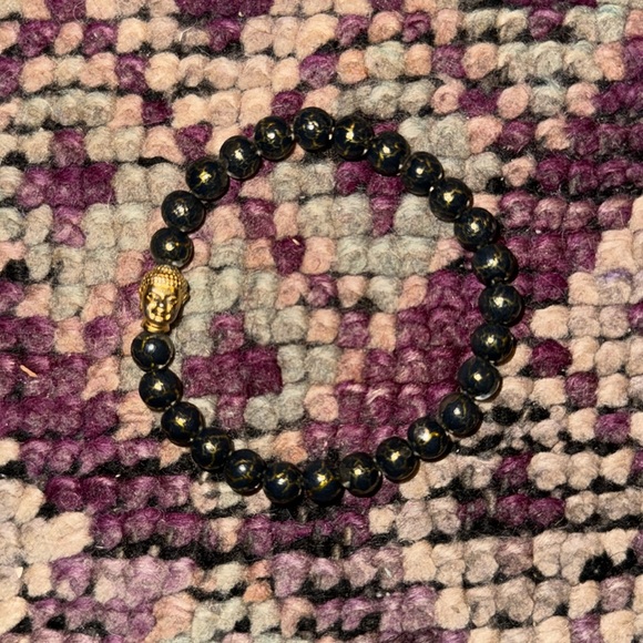 Buddha Black Dark Green Cracked Gold Bead Elasticized Bracelet